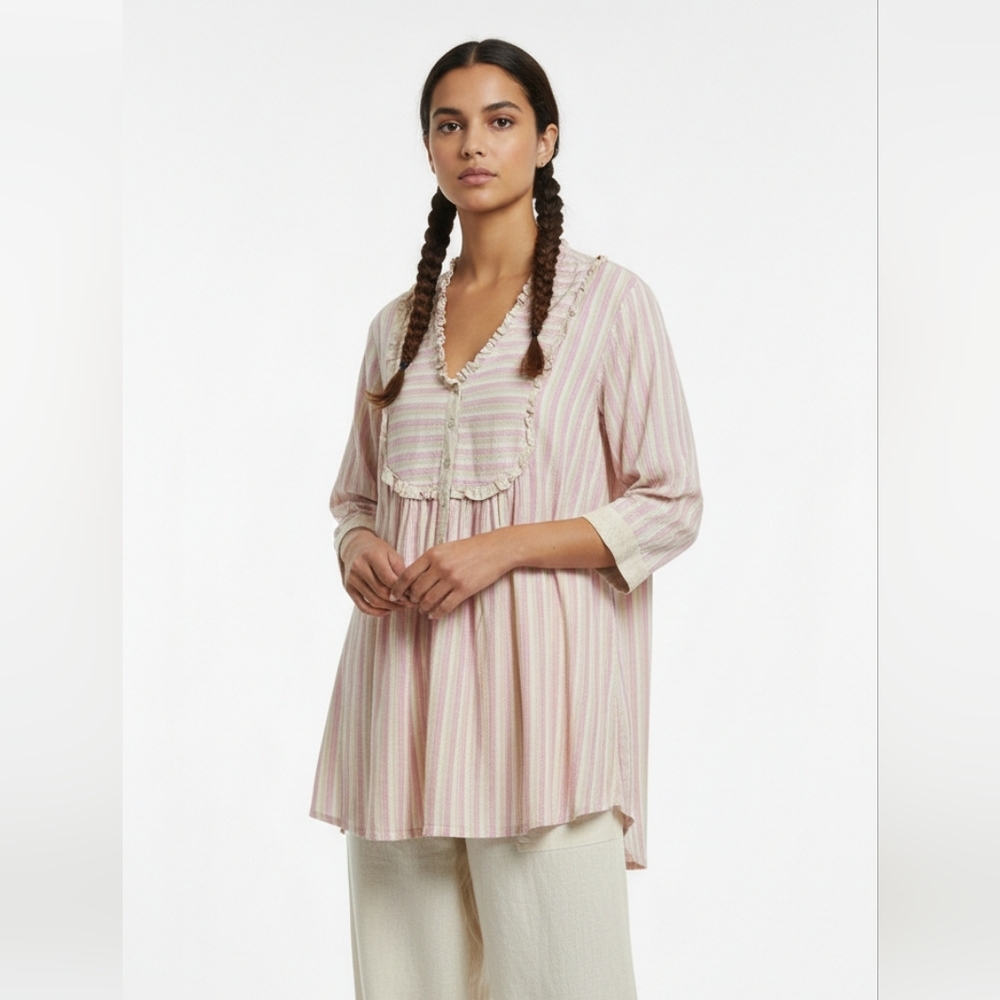 Mist Tunic Blouse Boho Cottage Prairie Pink Striped Ruffle M